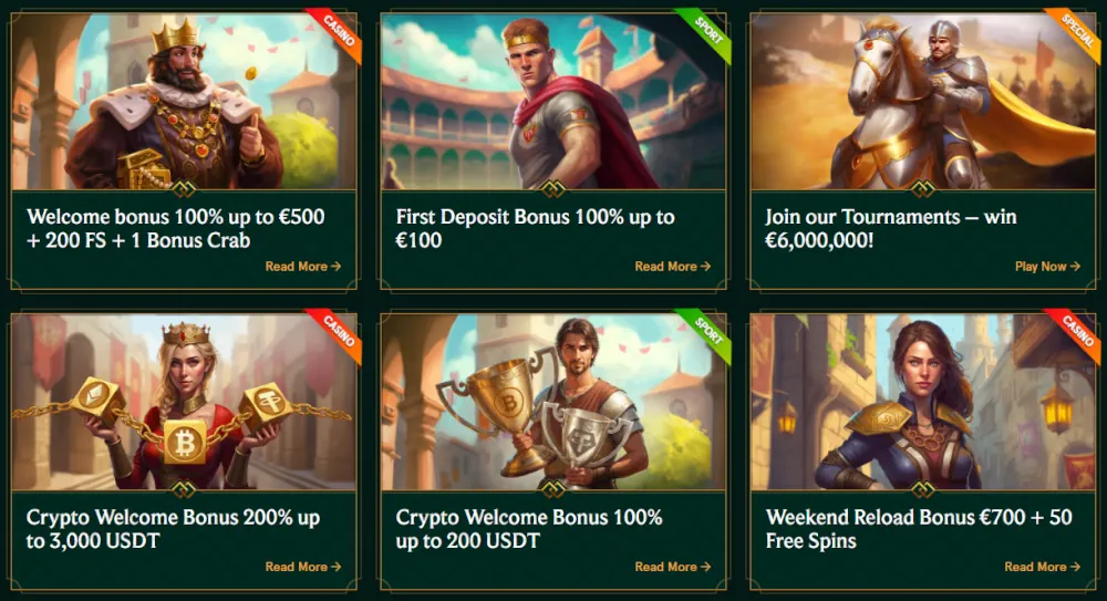 Bonusy depozytowe w Casinia, w tym pakiet powitalny i oferta koła bonusowego.